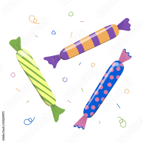 Candies. Colorful sweets, sweetmeats, comfits. Flat, vector