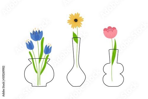 Set of line art vases with colorful flowers. Perfect for cards, decorations, logo.