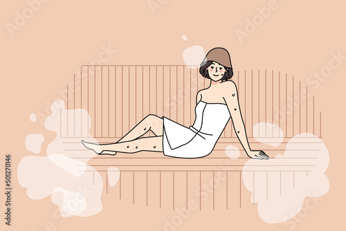 Happy young woman in towel relax in sauna enjoy bodycare procedures. Smiling girl rest in bathhouse with hot steam, take acre of health and wellness. Flat vector illustration. 