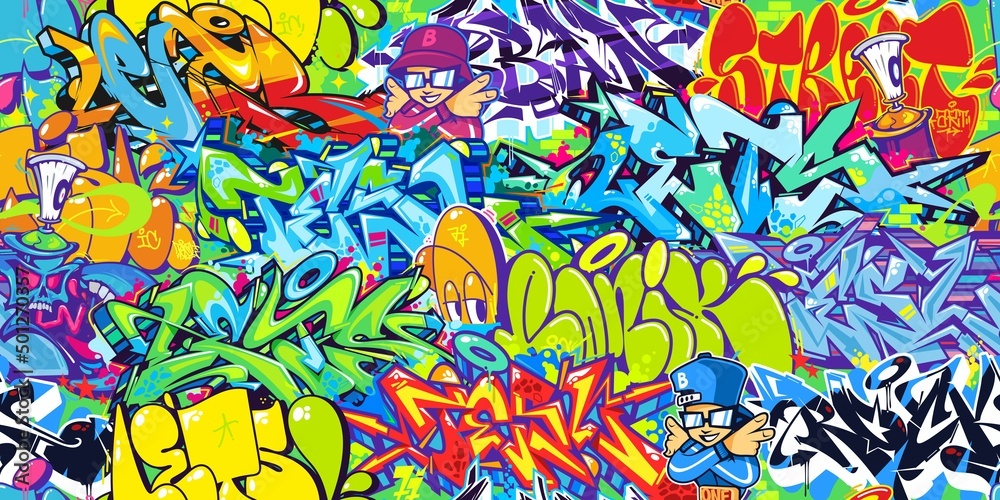 Flat Seamless Colorful Modern Abstract Urban Style Hiphop Graffiti Street Art Pattern. Vector Illustration Background Template - obrazy, fototapety, plakaty 