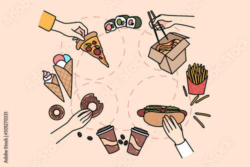 Top view of people eating various kinds of fast food. Person having fasfood meals, enjoy pizza, hotdog, sushi and donut. Unhealthy eating habit, nutrition problem. Vector illustration. 