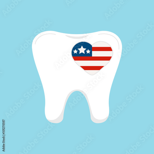 4 th of July tooth with heart flag dental icon isolated. Dentist teeth with USA patriotic heart in american color flag. Flat design cartoon style vector independence day dental illustration.