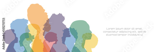 Card with place for text. Different people stand side by side together. Flat vector illustration.	