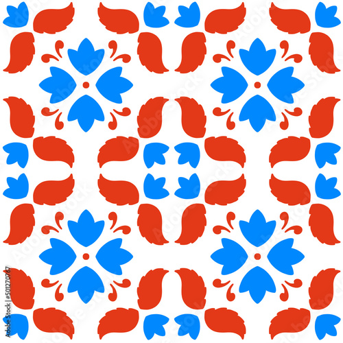 Maiolica, Vietri, Spain, Sicilian, Italian, Mediterranean traditional seamless pattern. Ceramics majolica tile ornament. Blue red orange white tile repeat print.