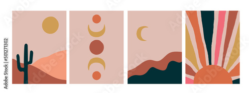 Collection of modern simple minimalist abstract landscapes: mountains, sun, cactus and moon on a beige background in boho style