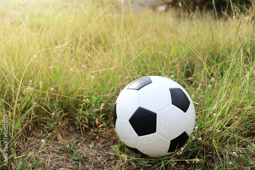 A soccer ball or football on a long grass field in the countryside at dawn morning light. © AREE