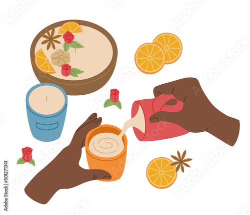 Candles making process. Human hands with ingredients for handmade. Creative workshop. Colorful vector illustration isolated on white background. Hand drawn in modern flat cartoon style.