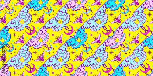 Cheerful celestial spring seamless background with moth and honey bee. Fluorescent bloom magic graphic for yoga, fairy or witchy themed products