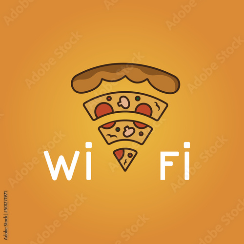 Wi fi text and pizza slice on yellow background. Vector illustration.