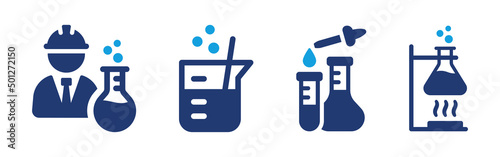 Chemistry lab icon set. Set of glassware flask or glass bottle for chemical laboratory or science lab, medicine or pharmacology liquid, fluid. Vector illustration
