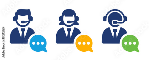 Customer support operator with headset icon set. Support service vector illustration.