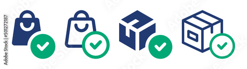 Product packaging vector set. Shopping bag, package box with check mark icon isolated on white background.