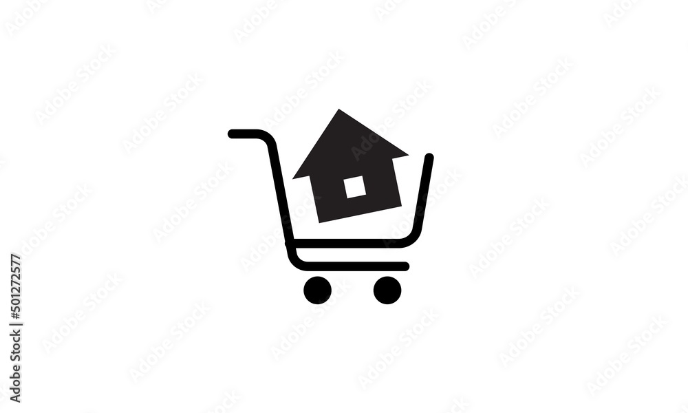 Buy house and real estate - shopping cart. Home Sale loan concept, rent, buying a property, building. Logo design Vector illustration icon isolated Buy house and real estate - shopping cart. Home Sale loan concept, rent, buying a property, building. Logo design Vector illustration icon isolated