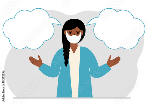 A woman with a medical mask is trying to make the right decision. Left and right are empty bubbles. Comparison of the two solutions.