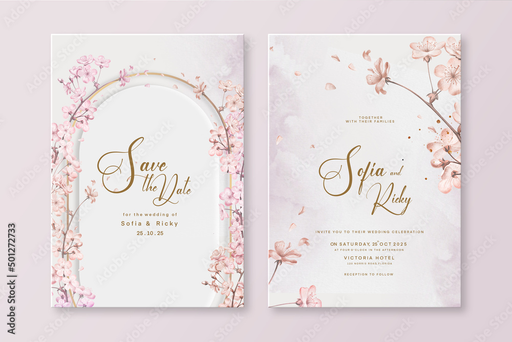 Elegant Wedding Invitation Template with Pink Cherry Blossom