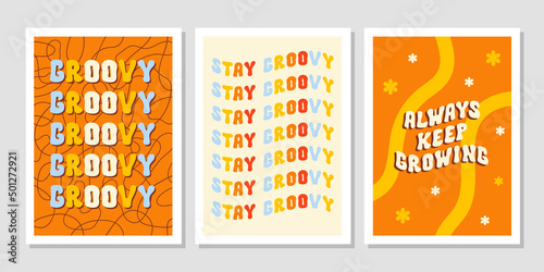 Groovy set colorful retro backgrounds  with text  in style 70s, 80s. Trendy vector illustration