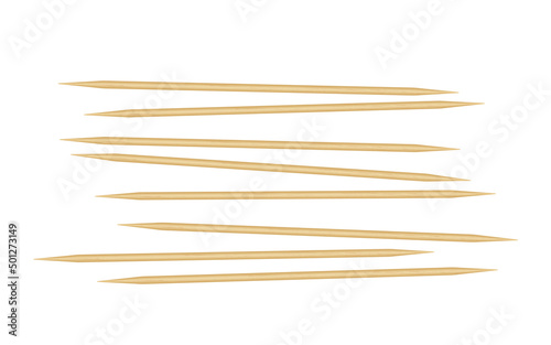 Wooden toothpick. Sharp bamboo sticks for teeth. Wood skewer with pointed tip. Disposable bamboo thin long skewer. Realistic vector illustration isolated on white background.