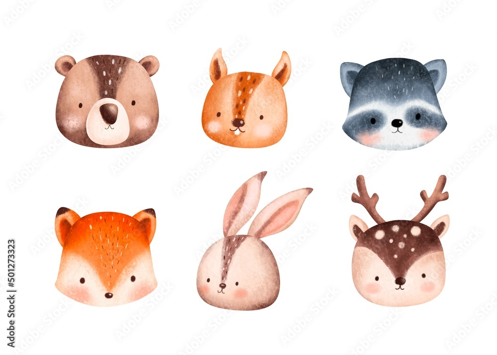 Fototapeta premium Set of Cute Woodland Animals Head Illustration 