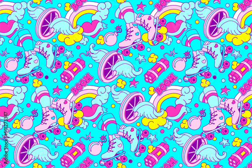 Groovy Seamless background with retro roller skates. Crazy fluorescent Vintage wallpaper for kids textile, wrapping paper. Funky Cartoon 70s,90s,80s comic teen style background