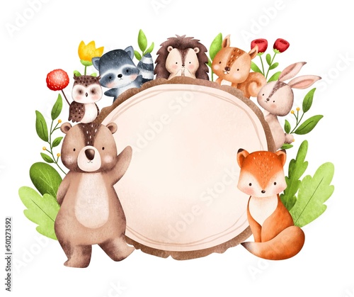 Watercolor Illustration Woodland Animal Frame 