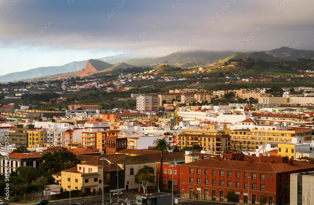 Morning view from Mirador de San Roque over the city of San Cristóbal de La Laguna on the island of Tenerife in the Province of Santa Cruz de Tenerife, on the Canary Islands, Spain.