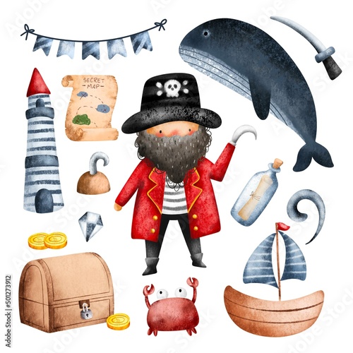 Set of Pirates and Ocean Watercolor Illustration  photo