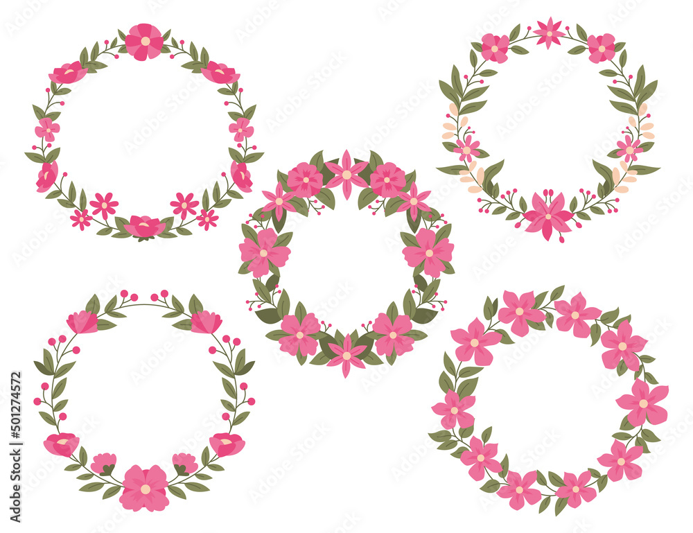 Isolated Colorful Line Frame Icon Leaf Floral Border Divider with Circular, rectangle or hexagon pink or red flower for save the date wedding tag name invitation