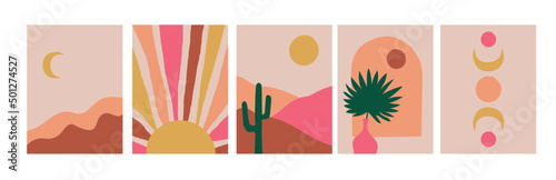 Collection of modern simple minimalistic abstract landscapes: mountains, sun, cactus, palm tree in a vase and moon on a beige background in boho style