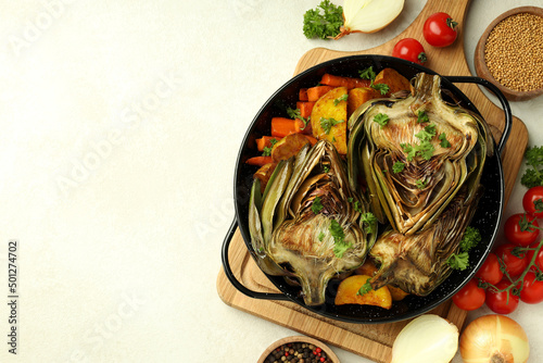 Concept of tasty food with grilled artichoke, space for text