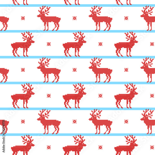 Reindeer on a white background with blue lines seamless pattern