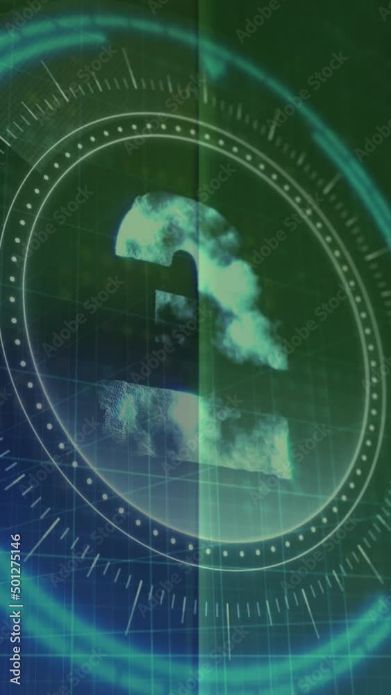 Animation of english pound symbol on rotating safe lock over data processing Animation of english pound symbol on rotating safe lock over data processing