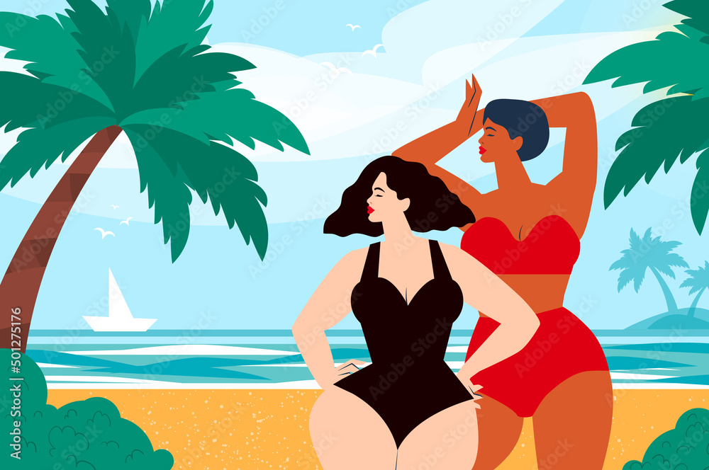 Hello summer. Happy young women on a tropical beach wearing red and black swimwear. Summertime. Sea, sky, palms and beautiful beach.