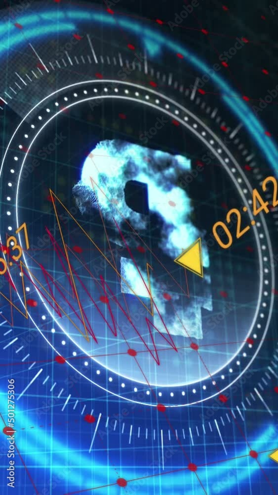 Animation of russian ruble symbol on rotating safe lock over financial data processing