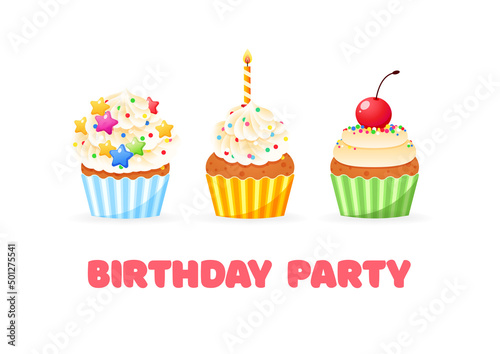 Happy Birthday card with cupcakes. Cartoon illustration of sweet muffins decorated with sprinkles and berries. Vector 10 EPS. 