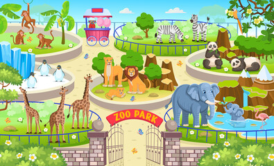 Foto auf Acrylglas Zoo Zoo map with enclosures with animals. Outdoor park entrance with green bushes. Cartoon vector illustration. Pandas, giraffes, elephants, zebras, elephants, penguins, monkeys, parrots, flamingo.  © NADEZHDA
