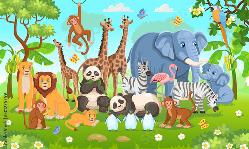 Zoo animals set. Pandas, giraffes, elephants, zebras, elephants, penguins, monkeys, parrots, flamingos in cartoon style for kids.