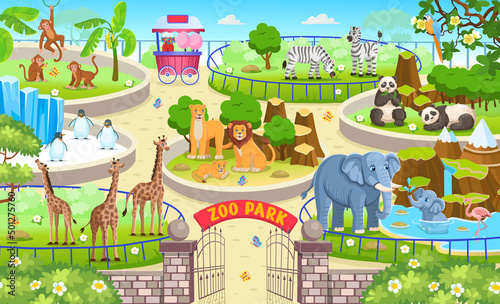 Zoo map with enclosures with animals. Outdoor park entrance with green bushes. Cartoon vector illustration. Pandas, giraffes, elephants, zebras, elephants, penguins, monkeys, parrots, flamingo.