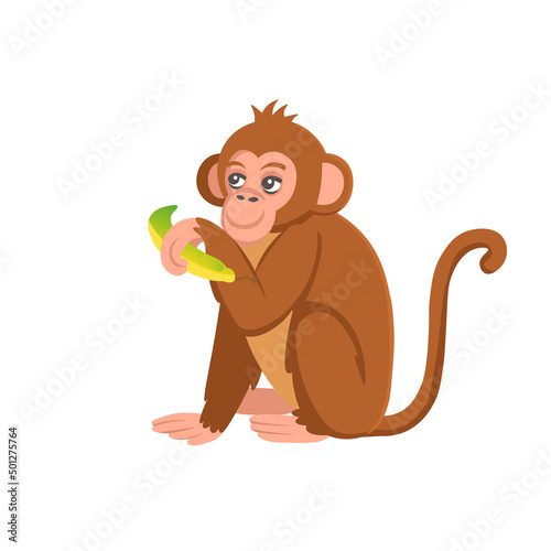 Cute cartoon  monkey with banana on white background. Animals of Africa. Vector cartoon illustration.