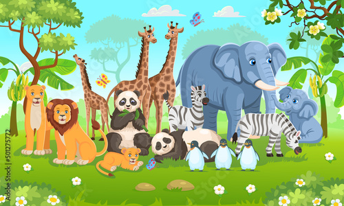Zoo animals set. Pandas  giraffes  elephants  zebras  elephants  penguins in cartoon style for kids.