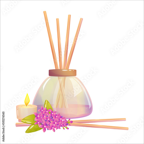 Aromatherapy with wooden sticks, lilac flower and candle. Fragrant sticks for relaxation, meditation and health. Lavender oil in a scent bottle. Cartoon vector illustration