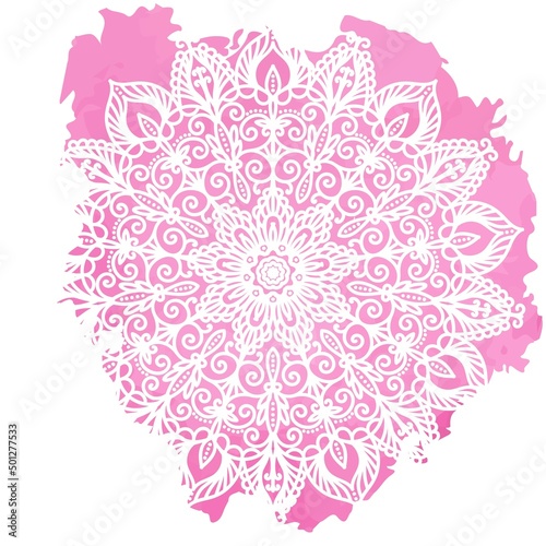 Vector mandala in white and pink colors. Symmetrical circular oriental pattern. Yoga template.