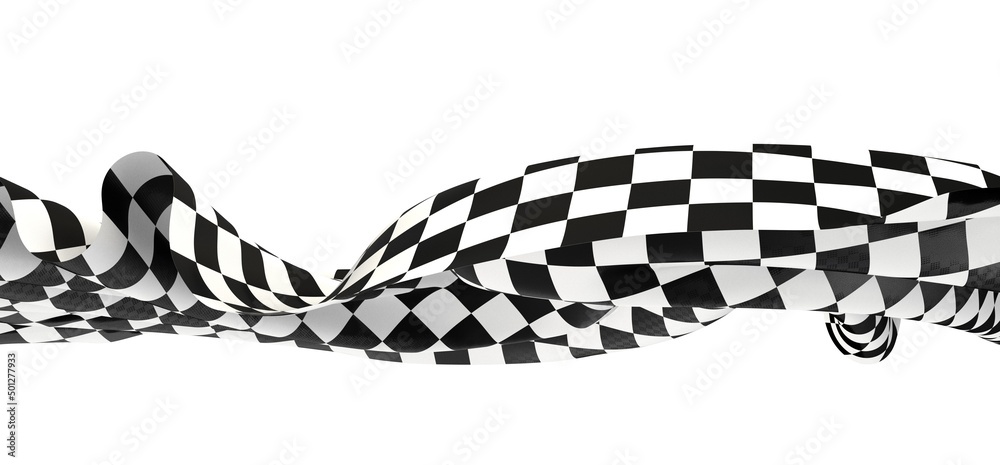Black and white checkered curved flag or ribbon, sport banner on dark background Black and white checkered curved flag or ribbon, sport banner on dark background
