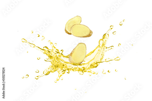 Ginger tea or ginger oil splash isolated on white background. photo