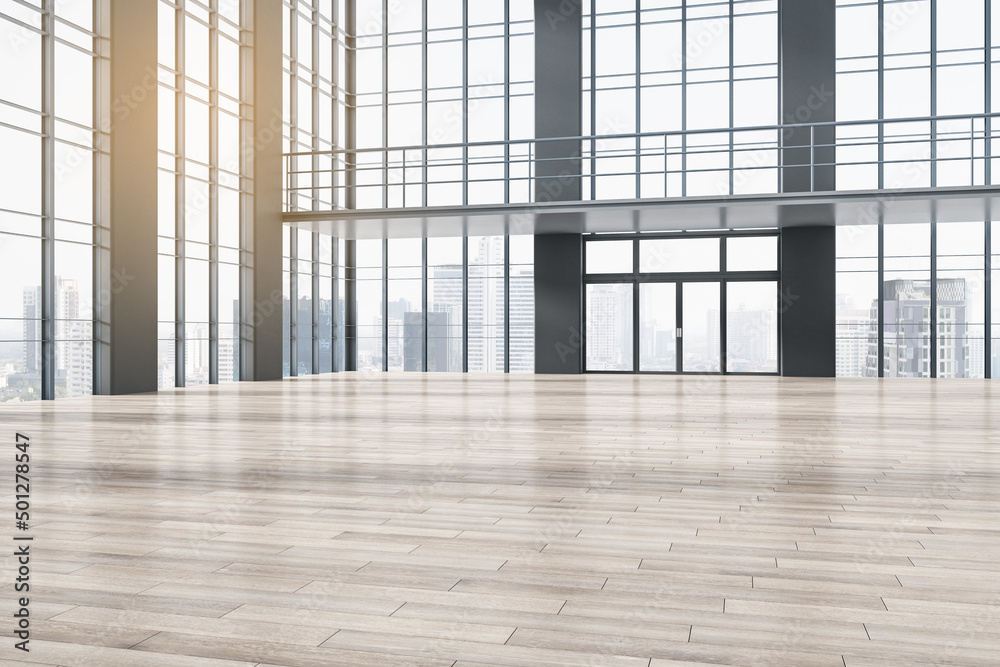 Modern concrete spacious interior with glass windows, wooden flooring and city view. 3D Rendering. Modern concrete spacious interior with glass windows, wooden flooring and city view. 3D Rendering.