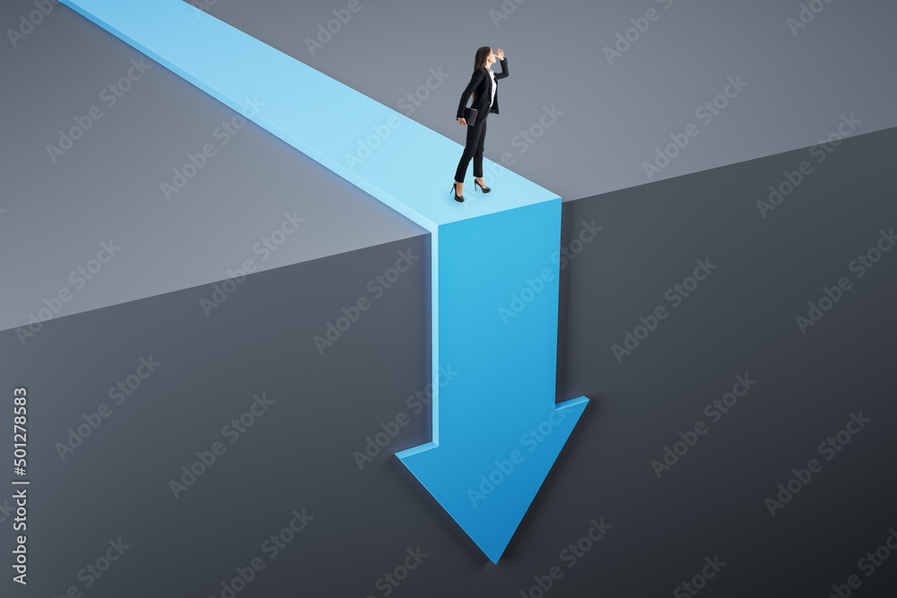 Attractive young european businesswoman standing on abstract blue arrow falling down cliff. Crisis and failure concept.