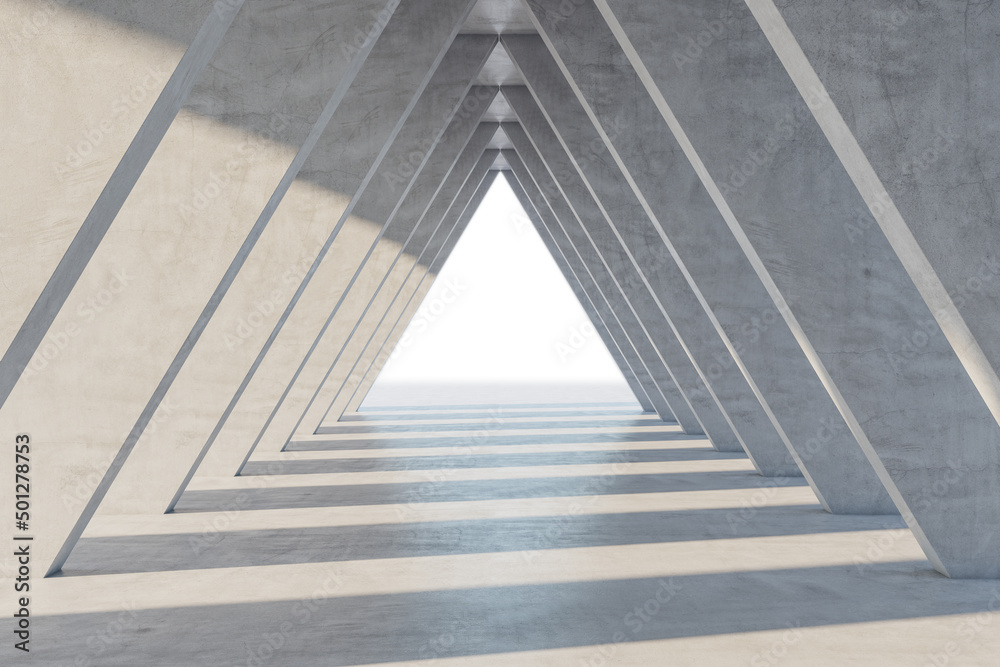 Obraz premium Bright light triangle spot in the end of modern architecture designed from concrete slabs tunnel with sunlight and shadows. 3D rendering