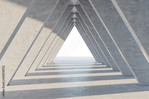 Fototapeta Naklejka Na Ścianę i Meble -  Bright light triangle spot in the end of modern architecture designed from concrete slabs tunnel with sunlight and shadows. 3D rendering