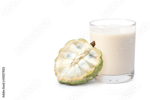 Custard apple with glass
of milk shake isolated on white background. Copy space. photo