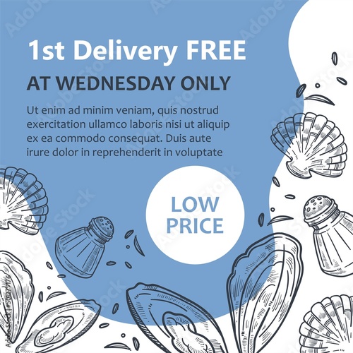 Low price for seafood, mussels and shells oysters