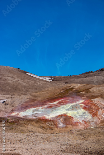 Cover page with Icelandic landscape of colorful volcanic caldera Askja, in the middle of volcanic desert in Highlands, with red, turquoise volcano soil and blue sky, Iceland.